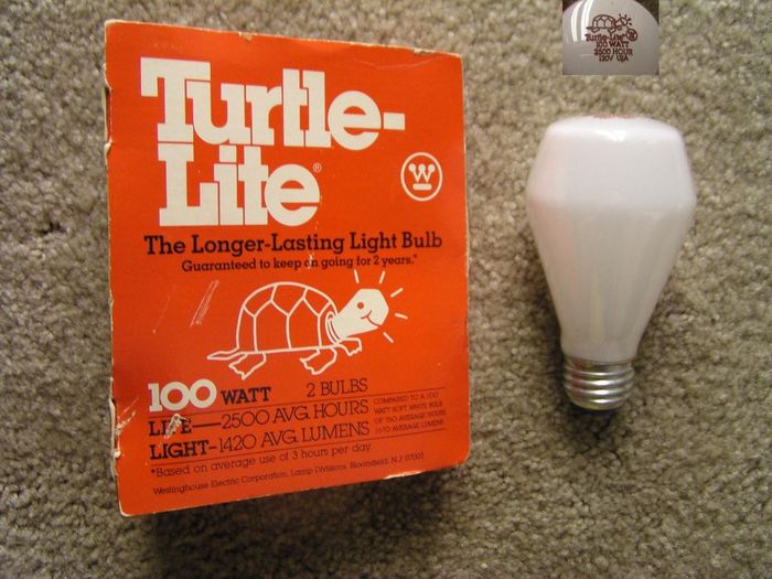 Westinghouse 100w Turtle-Lite
During '78-'82 Westinghouse marketed this as a "slow burn" bulb, guaranteed to last for two years or 2500 hours. Seems Philips of today still has a similar marketing philosophy by emphasizing longer life soft white bulbs, although they are starting to push towards CFLs and LEDs. Manufactured in '80 at the Little Rock, AR lamp plant.
Keywords: Lamps