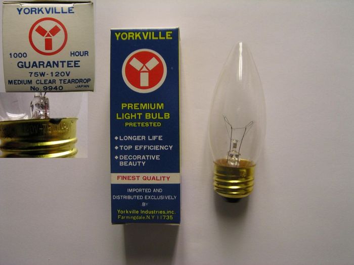 Yorkville 75w candle (very rare!)
Candle bulbs max out at 60w, but here's a rare 75w! You can see proof on the box and base of bulb in the inlets. This bulb sure gets HOT! Made in Japan (by Kyokko, an old Japanese bulb manufacturer) sometime during the 70s or 80s.
Keywords: Lamps
