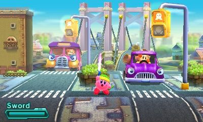 Trafic signals in Kirby: Planet Robobot.
Ehh.. Not real, but I thought I'd post this here, in the newest Kirby game they have some obstacles and hazards with Waddle Dees driving cars and there is a pedestrian signal signaling you, the player, when they won't drive and hit you into the screen. When it's red that means "DON'T WALK" like in real life, and green, means "YOU'RE SAFE TO PROCEED" and the waddle dee waits in the car until it turns red again. There is a little kirby in the signal too.
Keywords: Miscellaneous