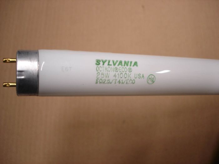 Sylvania FO25T8
Here's a Sylvania FO25  T8 Octron Ecologic 700 series cool white fluorescent lamp.

Made in: USA

Lamp life: 20,000 hours

Lumens: 1755

Colour temperature: 4100K

CRI: 75


