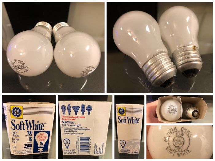 GE 15w A15 Soft White Incandescent Light Bulbs
Here is a pack of GE 15w incandescent light bulbs. Before you get too excited, these are not vintage. They were purchased from Dollar General in 2021. For some reason, DG has GE use their '90s 'Lightstyles for Lifestyles' packaging for the light bulbs they sell there. It makes for an interesting situation, modern lamps in vintage-looking packaging. Other than that, these are your typical new 15w bulbs. Soft white, A15 instead of A19, 100 lumens, 2500 hours, and made in China. These have C-9 c-shaped filaments.
Keywords: incandescent ge 15w a15 dollar general electric soft white ceiling fan 15 watt bulb lamp globe lamps