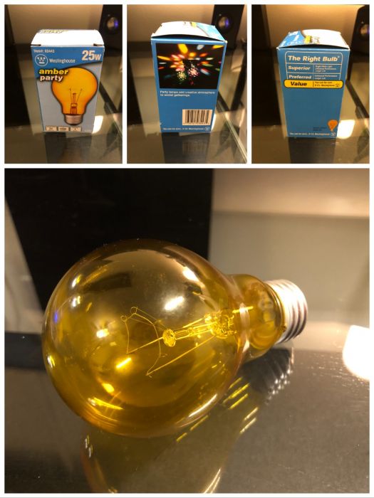 Faux Westy Yellow 25w Incandescent Party Bulb
Here is a Faux Westinghouse (ABCO) yellow/amber 25-watt incandescent party bulb that I picked up from Ace Hardware yesterday. Its light has a nice vibrant yellow color to it. I find it pretty funny that they used the "You can be sure...if it's Westinghouse" slogan on the packaging.
Keywords: incandescent lamp bulb globe a19 light 25 watt 25w 25-watt westinghouse faux westy abco angelo brothers yellow colored color party lamps