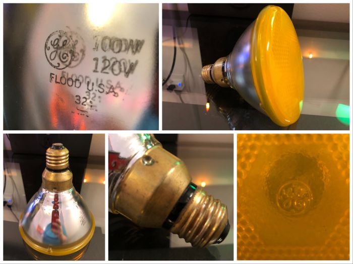 Vintage GE Yellow 100w PAR38 Incandescent Reflector Bulb 1982
Here is a vintage GE yellow 100w PAR38 incandescent light bulb from 1982. It is one of my favorite light bulbs in my collection, it's a nice bulb. It's a stunning, high-quality bulb, it has super cool packaging, and it emits a pretty yellow light. The bulb itself is, simply put, beautiful. It has an elegant shiny side, a bright yellow front (as to be expected) with GE's logo embossed into the glass, and a skirted PAR38-type brass base. The bulb is quite heavy and made of very thick, smooth glass. Overall, you can see and feel the 1980s quality in this bulb.
Keywords: ge par38 yellow 100w incandescent floodlight flood bulb lamp 1982 vintage lamps