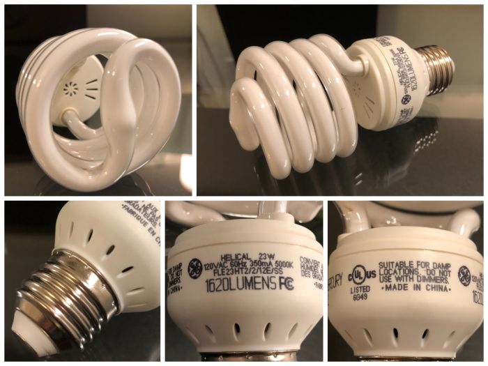 GE 23w 5000K Helical CFL Light Bulb
Here is a GE helical CFL that I believe is a somewhat new model (last 10 or so years). It is 23 watts (100w equivalent, 1620 lumens) and 5000K daylight. It has an electronic resonant-start ballast, and its plastic housing has lots of venting holes, which is nice. This lamp uses the newer T2 size tube versus the T3 size. Overall, it is a very nice CFL. I like how it is resonant-start, and the fact that it is 5000K makes it more interesting than the more typical 2700K warm white CFLs.
Keywords: cfl compact fluorescent ge 100w equivalent 23w watt 23 5000 k 5000k daylight helical spiral coil t2 resonant rapid start bulb lamp globe lamps