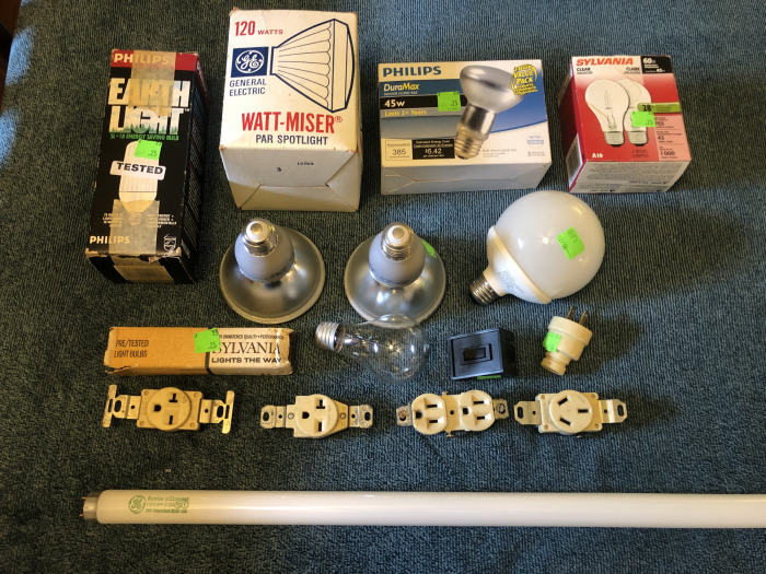 ReStore Finds Jul. 17, 2023
Here are my finds from the Marion County, Ocala, FL ReStore on July 17, 2023. I got various bulbs, including an electronic Philips SL18 CFL, a GE 16w G25 CFL (that unfortunately doesn't work), a GE F32T8 SPP30 fluorescent lamp, and more. All the light bulbs were $0.25 for some reason. Peeling back the stickers revealed higher-priced stickers underneath, so there must have been a sale going on or something. I also picked up some electrical items, including several old outlets.
Keywords: restore finds july 17 2023 bulbs lamps globes lights fluorescent cfl compact incandescent halogen sl18 ge sylvania philips eletrical outlet nightlight f32t8 switch vintage finds purchases thrift store score miscellaneous