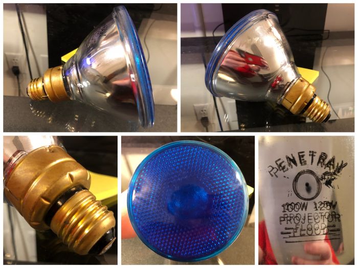 Penetray 100W PAR38 Blue Incandecsent Reflector Lamp
Here is a vintage Penetray 100-watt PAR38 flood lamp, in the color blue! The blue finish is only on the very front of the bulb, leading to a very polished look. The sides are nice and shiny and it features a PAR38 skirted base. The etch was very difficult to capture because it reflects itself on the reflective coating. I ended up having to cover my iPhone with paper just so you guys could read it properly! Anyway, this is a very nice bulb, it is probably one of my favorites that I have.
Keywords: penetray blue par38 100w flood reflector blue vintage 