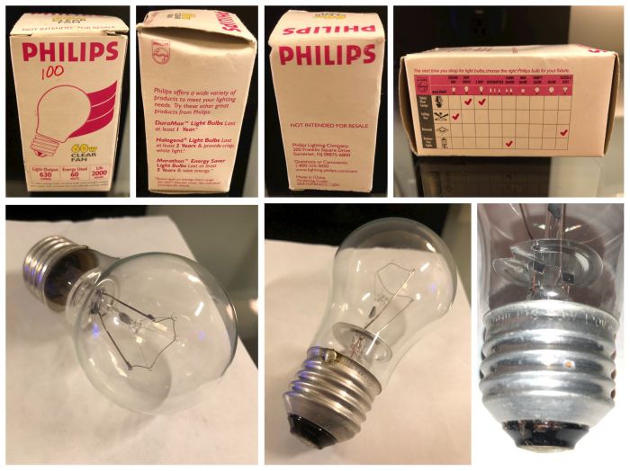 Philips OEM 60w A15 Clear Ceiling Fan Bulb
Here's a Philips 60-watt A15 bulb in clear, which I purchased at a thrift store recently. It seems to be an OEM bulb, one that would have been included with a ceiling fan or light fixture. It comes in very simple packaging that, ironically, warns not to resell the bulb. Looks like that didn't work out too well. The bulb itself seems well-made, despite having been made in China. It has a heat shield and a C-shaped filament with numerous supports. The glass seems thick and strong. 
Keywords: philips incandescent celing fan clear a15 60 watt 60w 120 volt oem heat sheild december 2004 12/04