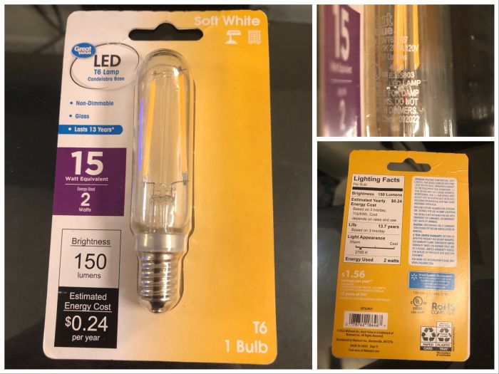 Great Value 2w LED T6 Lamp
Here is a filament-LED T6 light bulb that I purchased at Walmart back in April for a project that... still hasn't happened yet. It is 2 watts and is supposed to be a 15w replacement. It is 2700K warm white. It is made of glass which is interesting. 
Keywords: great value walmart filament led t6 lamp bulb globe 2 watt 15 replacement equivalent 2700k lamps