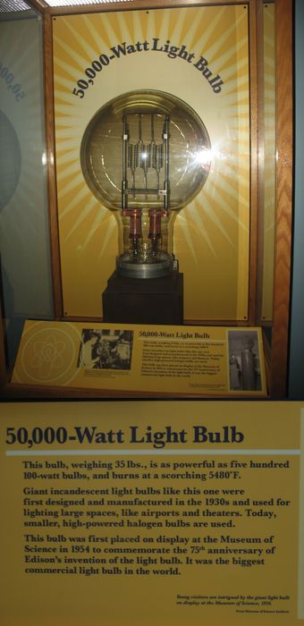 50,000 Watt incandescent light bulb!!!
Now that's a BIG incandescent! 

My parents went on vacation to the New England area...and went to a museum and saw this lightbulb and thought of me and took a pic to send to me! Now I am sharing this all to you! Enjoy! 
Keywords: Lighting_History